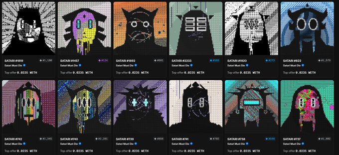 A grid of pixel art character collectibles called SATOSHI, each displayed with a "Satoshi Must Die" label and a "Top offer 0.0235 METH".