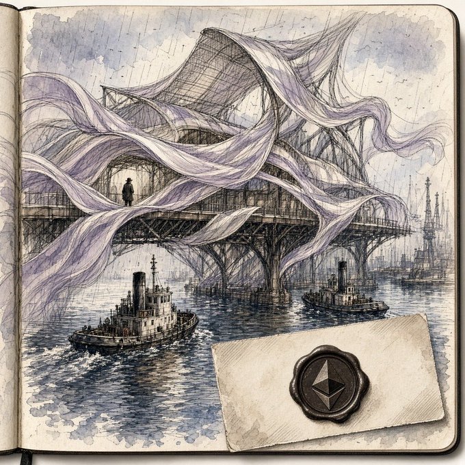 A watercolor and ink illustration in a sketchbook showing a figure standing on a bridge with flowing purple fabric, vintage boats on the water below, and an Ethereum logo wax seal on an envelope in the foreground.