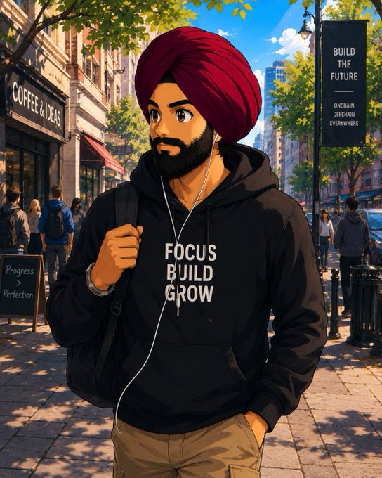 An anime-style illustration of a bearded man wearing a red turban and a black hoodie reading 'FOCUS BUILD GROW', standing on a city street with a 'BUILD THE FUTURE' banner in the background.