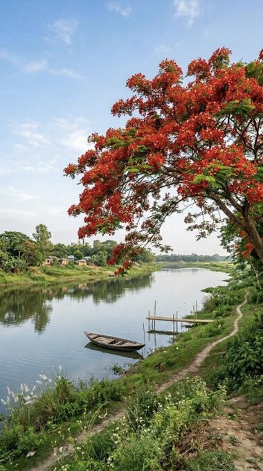 The image features a serene scene of a river surrounded by lush green trees and bushes. A small boat can be seen floating along the calm waters, adding to the peaceful atmosphere. The sky above is blue with some clouds scattered across it, creating a beautiful backdrop for the picturesque landscape. In the foreground, there are two boats docked near the shoreline, one of which has a person standing on top of it. The image also contains text that reads "Good Morning X Family @NomismaNetwork Every small step counts. Show up today, farm today, grow today Building with patience winning long term Bulid on @useTria @sleepagotchi".