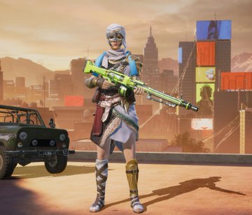 A 3D rendered character of a female warrior holding a bright green futuristic rifle, standing in an urban setting with a jeep and city skyline in the background.