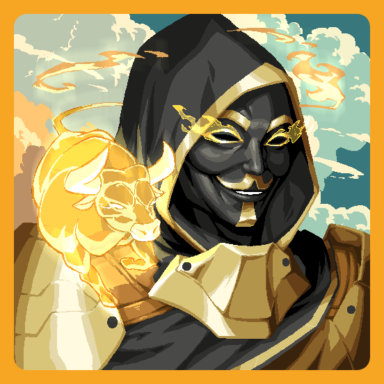 Stylized digital artwork of a hooded figure with a golden mask holding a golden bull or ram head ornament.