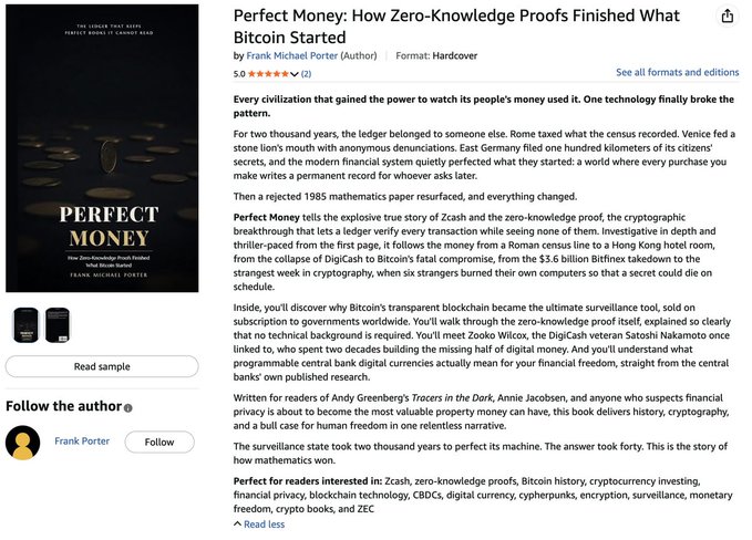 An Amazon book listing for 'Perfect Money: How Zero-Knowledge Proofs Finished What Bitcoin Started' by Frank Michael Porter, showing a 5.0 star rating with the book cover featuring gold coins.
