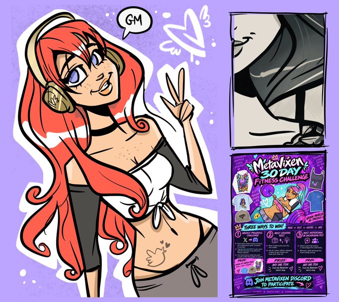 A digital illustration of a red-haired woman wearing headphones saying 'GM' and making a peace sign, alongside promotional graphics for a 'MetaVixen 30 DAY FITNESS CHALLENGE'.