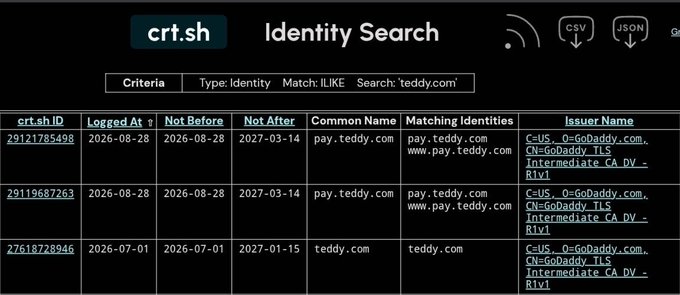 Screenshot of crt.sh Identity Search results for 'teddy.com' showing certificate entries with dates including 2026-08-28 and 2027-03-14, issued by GoDaddy.