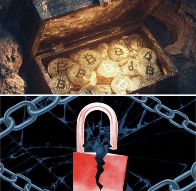 A two-panel image: the top shows gold Bitcoin coins in an open treasure chest, while the bottom shows a broken padlock surrounded by chains.