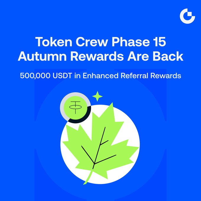 A promotional graphic with a blue background featuring a green maple leaf and a Gift Coin, announcing "Token Crew Phase 15 - Autumn Rewards Are Back" with "500,000 USDT in Enhanced Referral Rewards," visually representing the autumn referral campaign mentioned in the post.