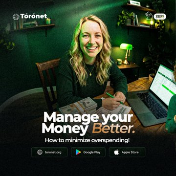 A promotional graphic for 'Töronet' featuring a smiling blonde woman sitting at a desk with a laptop, a small green lamp, and a paper receipt. The text reads 'Manage your Money Better. How to minimize overspending!' with app store logos at the bottom.
