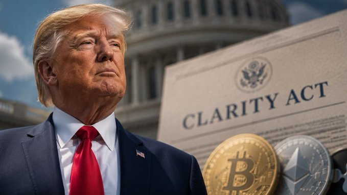 A political illustration featuring Donald Trump in a suit and red tie in the foreground, with the U.S. Capitol building behind, alongside a document titled 'CLARITY ACT' and physical representations of Bitcoin and Ethereum coins.