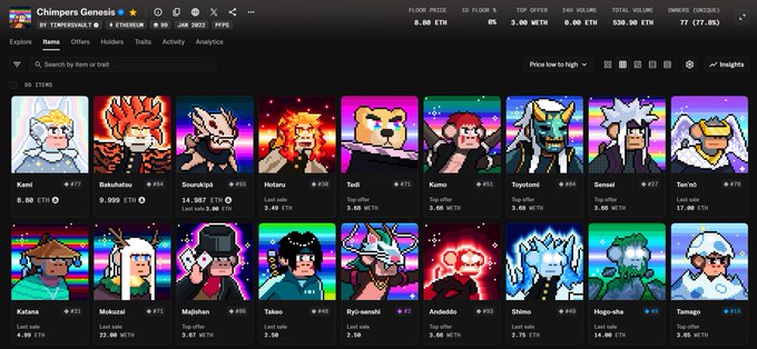 A screenshot of a 'Chimpers Genesis' NFT collection marketplace displaying a grid of pixel-art monkey character avatars with their names, prices, and last sale values.