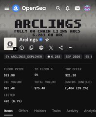 An OpenSea NFT collection page displays 'ARCLING$' - described as 'FULLY ON-CHAIN L1 ISRC ARCS' with 6,283 minted on ARC, showing a floor price of $22.00 and 24H volume data.