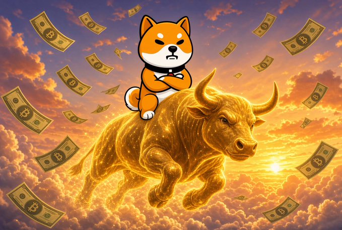 A cartoon Shiba Inu dog character rides a golden bull through clouds, surrounded by floating dollar bills printed with the Bitcoin symbol.