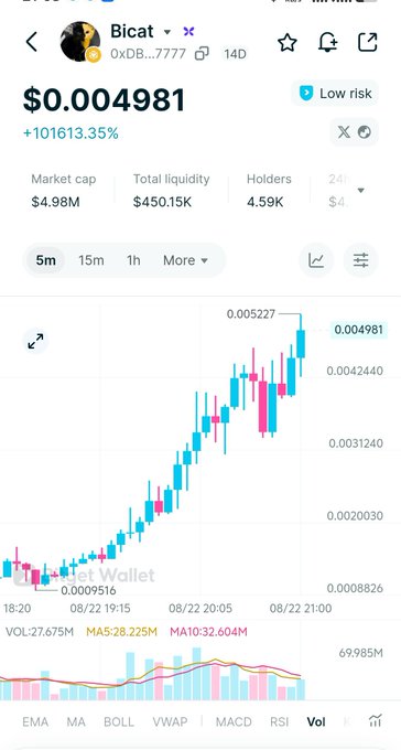 A cryptocurrency price chart for token 'Bicat' showing a price of $0.004981 with a +101613.35% increase displayed on a trading app.