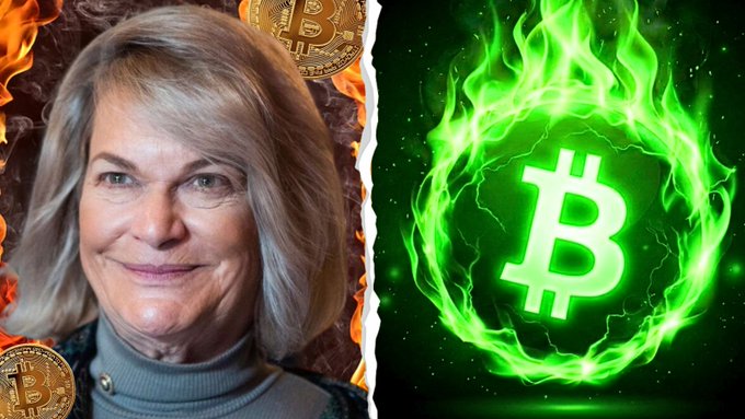 A YouTube-style thumbnail featuring Senator Cynthia Lummis on the left surrounded by flames and Bitcoin imagery, with a green flaming Bitcoin logo on the right against a dark background.