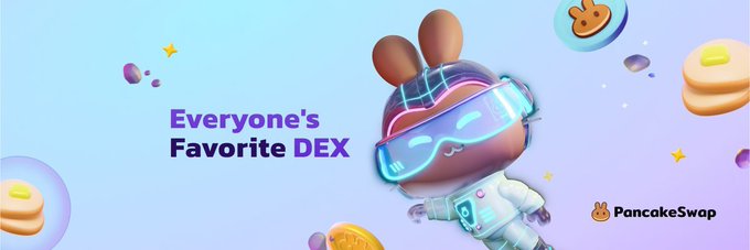 PancakeSwap promotional banner featuring a cartoon bunny astronaut mascot with the text 'Everyone's Favorite DEX'.