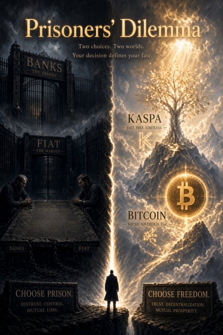 A dramatic poster titled 'Prisoners' Dilemma' contrasting 'Choose Prison' (Banks/Fiat - distrust and control) versus 'Choose Freedom' (Kaspa/Bitcoin - trust, decentralization, mutual prosperity).