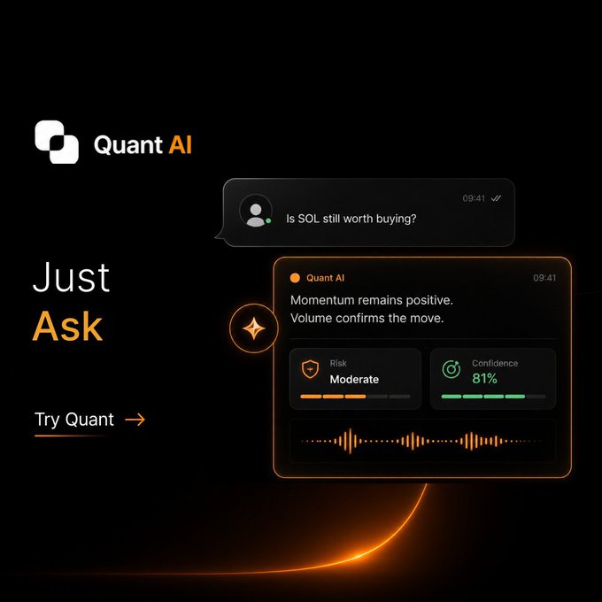 A promotional graphic for Quant AI showing a chat interface asking 'Is SOL still worth buying?' with an 81% confidence rating and moderate risk.