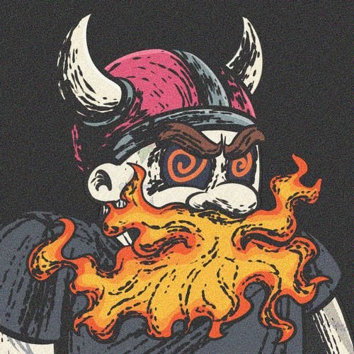 A stylized illustration of a horned Viking-like character with a pink helmet and hypnotic swirl eyes, with flames bursting from its mouth against a black background.