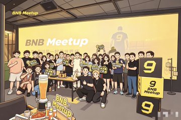 An illustrated cartoon of a 'BNB Meetup' gathering showing a large group of attendees, a character mascot in a suit, and beer glasses with '9 BNB Meetup' branding.