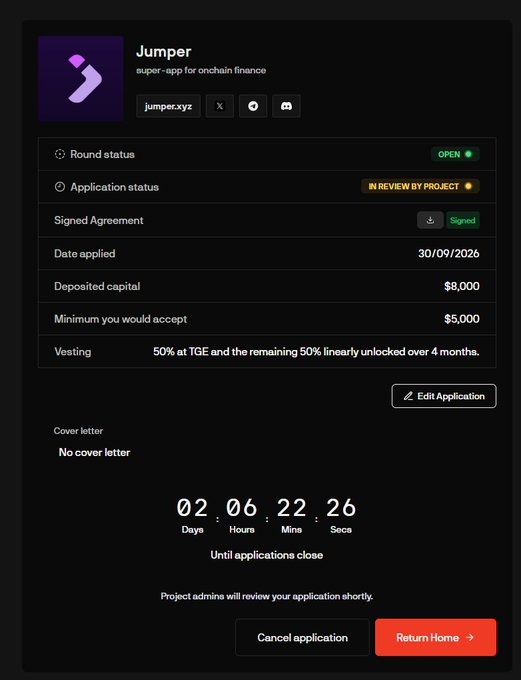 A dashboard showing an application to "Jumper," a super-app for onchain finance (jumper.xyz), with $8,000 deposited capital and a $5,000 minimum acceptance threshold, currently "IN REVIEW BY PROJECT" with 2 days, 6 hours, 22 minutes, and 26 seconds remaining until applications close. The image illustrates the post's encouragement to take a chance on Jumper, a top BSC ecosystem project using li.fi for cross-chain functionality, by showing a live funding round application in progress.