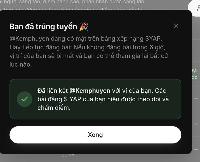 A screenshot in Vietnamese showing a notification that the user @Kemphuyen has made it onto the $YAP leaderboard, with an "Xong" (Done) button.