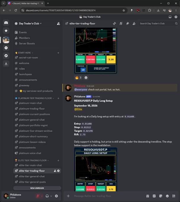 Discord screenshot from Philakone's Day Trader's Club #elite-tier-trading-floor channel, showing a "RESOLV/USDTP Daily Long Setup" call for September 18, 2026 with Entry: 0.01688, Stop: 0.01522, Target: 0.02190, R:R: 2.75, along with chart images and a note about checking the OutPortal.