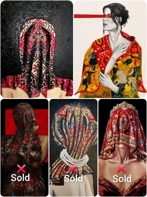 A collage showcasing five examples of figures draped in ornate, colorful patterned fabric, with four labeled as 'Sold,' except for the top right image which shows an artistically rendered woman in a yellow patterned shawl.