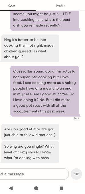 A messaging-app chat discusses cooking, quesadillas, pot roast, following directions, and being single; visible text includes “Sent” and the message field “Send a message.”