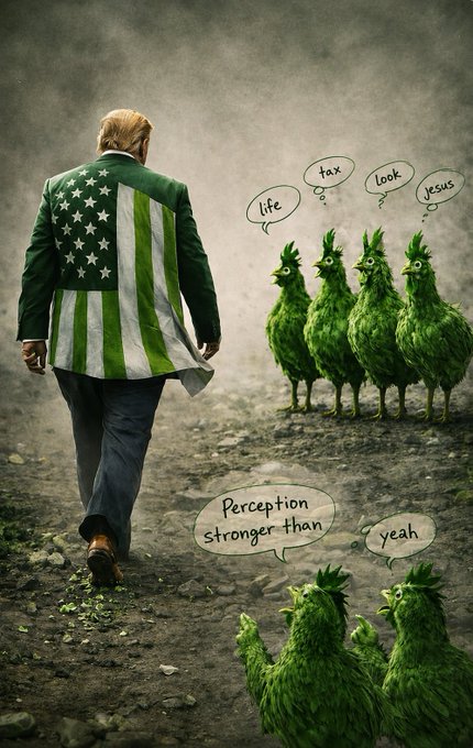 A satirical image of a man in an American flag suit walking away from green chickens, with speech bubbles reading "life," "tax," "look," "Jesus," "Perception stronger than," and "yeah."
