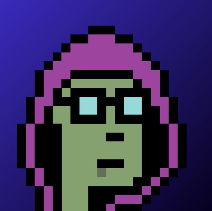 A pixel art illustration of a face with a purple hood and glowing blue eyes against a dark blue background.