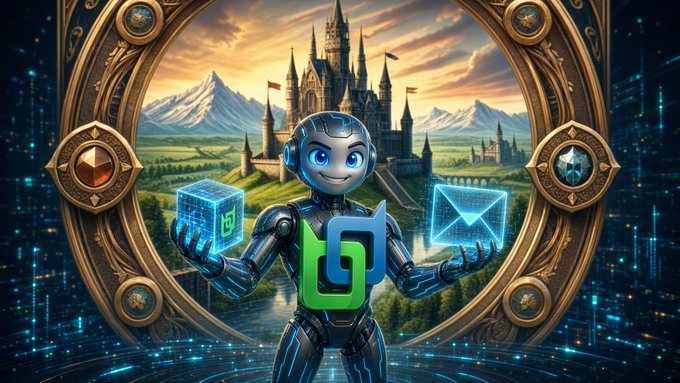 A stylized AI-themed illustration showing a blue robot character holding glowing digital cubes with shield and envelope icons, set against a fantasy castle and mountain backdrop with the TradingView logo overlaid.