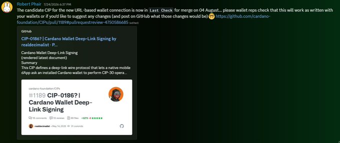 A Discord message from 'Robert Phair' dated 7/24/2026 discussing a Cardano CIP for wallet deep-link signing, referencing CIP-01867 by 'realdecimallst' for the Cardano Wallet Deep-Link Signing using CIP-30.