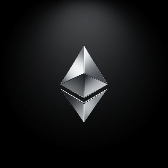 The image displays the Ethereum logo, a metallic geometric diamond-like symbol, centered against a black gradient background. This visual ties directly to the post celebrating Ethereum's 11th mainnet anniversary and speculating on $ETH reaching $7,000 in the next bull market.