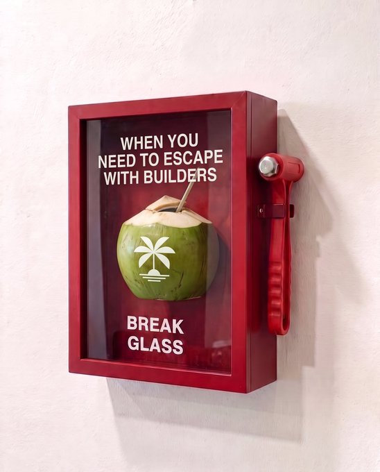 A red wall-mounted 'Break Glass' emergency box containing a green coconut, labeled 'WHEN YOU NEED TO ESCAPE WITH BUILDERS,' with a red hammer on the side.