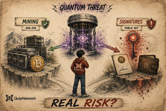A stylized illustration titled 'QUANTUM THREAT' depicting a figure facing a glowing quantum computer, with arrows pointing to 'MINING SHA-256' (mining rig) and 'SIGNATURES PUBLIC KEY' (key and Bitcoin). Text at the bottom reads 'REAL RISK?' with the QuipNetwork logo.