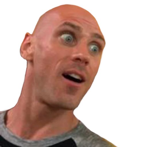 A close-up photo of a bald man with wide eyes and an open mouth expression, wearing a gray t-shirt against a white background.