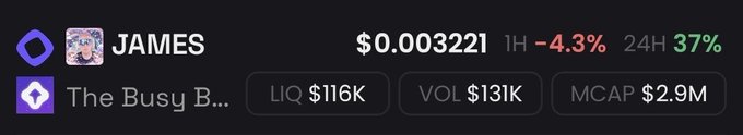 A cryptocurrency price display for 'JAMES' token on 'The Busy B...' platform showing a price of $0.003221 with -4.3% in 1H and 37% in 24H, with liquidity of $116K, volume of $131K, and market cap of $2.9M.