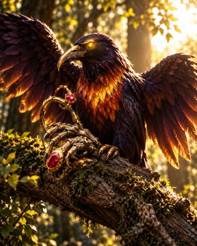A dark-feathered phoenix or eagle-like mythical bird perches on a moss-covered branch in a sunlit forest, with glowing amber eyes and feathers tinged with fire-like hues.