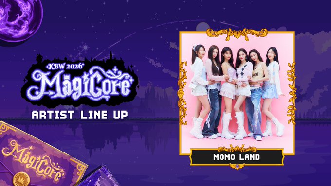 A promotional graphic for 'MagiCore JBW 2026 ARTIST LINE UP' featuring a photo of the group Momo Land in an ornate frame against a purple starry background.