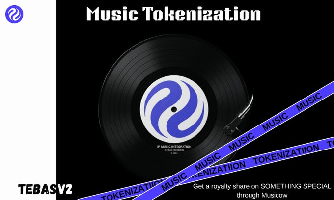Promotional graphic titled 'Music Tokenization' by TEBASV2, featuring a vinyl record with 'IP Music Integration Sync Series' label and text offering a royalty share on 'SOMETHING SPECIAL' through Musicow.