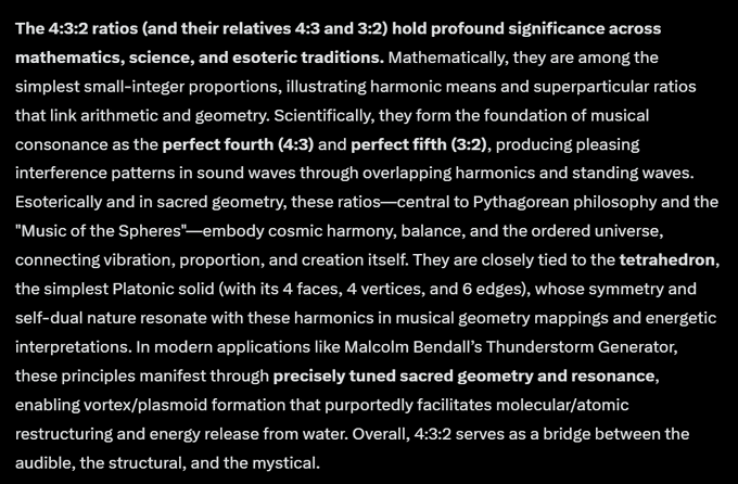 A block of text on a black background discussing the mathematical, scientific, and esoteric significance of the 4:3:2 ratio, highlighting its connections to musical consonance, Pythagorean philosophy, the tetrahedron, and applications like Malcolm Bendall's Thunderstorm Generator.