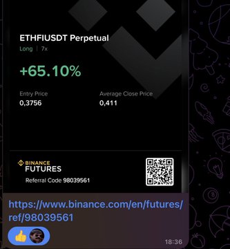 The image shows a Binance Futures trading screenshot of a successful ETHFIUSDT Perpetual long position with 7x leverage, displaying a +65.10% gain from an entry price of 0.3756 to an average close price of 0.411, along with a referral link (98039561) and QR code. It aligns with the post's message about having the right signal leading to profits and financial peace, using the Binance Futures trade as visual proof of successful crypto trading.
