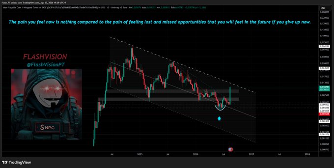 A TradingView chart posted by 'FLASHVISION @FlashVisionPT' showing a bearish descending channel pattern with the caption 'The pain you feel now is nothing compared to the pain of feeling lost and missed opportunities that you will feel in the future if you give up now.'