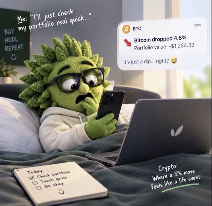 A humorous crypto-themed image shows a worried plant-like character checking a phone and laptop, with text including “Bitcoin dropped 4.8%,” “Portfolio value: -$1,284.32,” and “Crypto: Where a 5% move feels like a life event.”