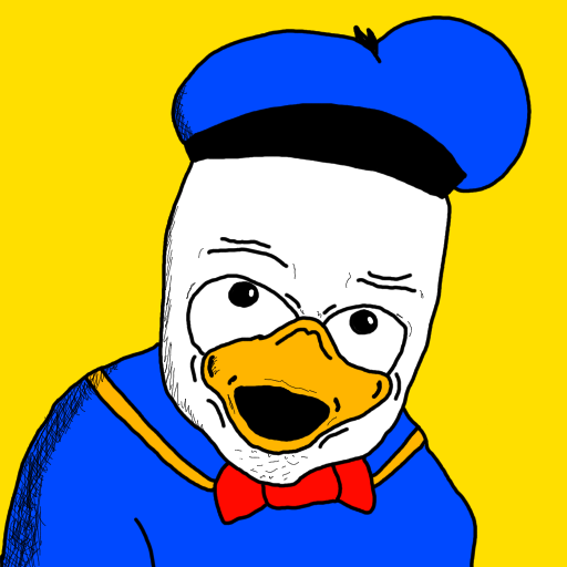 A meme-style drawing of Donald Duck's head on a human-like body wearing a blue beret and red bow tie against a bright yellow background.