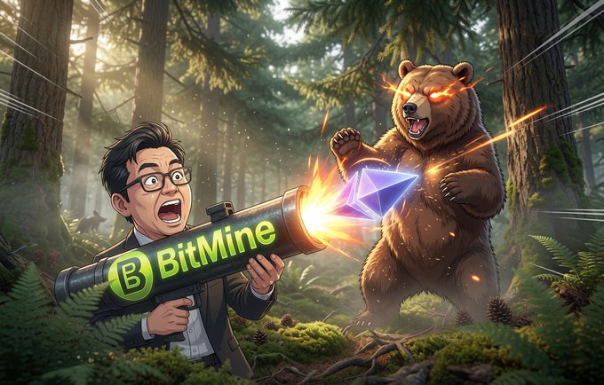 A cartoon illustration depicts a man in glasses firing a large rocket launcher branded 'BitMine' with a green B logo, launching an Ethereum (ETH) crystal at a fierce, roaring brown bear with glowing red eyes in a forest setting.