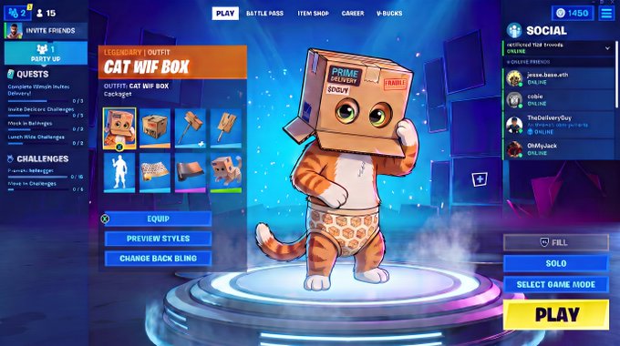 The image shows the Fortnite lobby screen featuring the "Cat Wif Box" legendary outfit, with the price tag of $20.71 and "PRIME DELIVERY" label visible on the cardboard box hat, perfectly illustrating the "$DCAT joins the lobby" announcement as the cat character wears its meme-inspired delivery box costume.