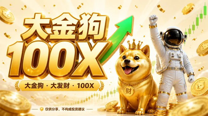 The image is a promotional graphic featuring a golden Shiba Inu dog wearing a crown and a "財" (wealth) medallion, standing next to an astronaut figure, with bold gold text reading "大金狗" (Big Golden Dog) and "100X" alongside a green upward arrow and rising chart. The bottom includes the tagline "大金狗·大发财·100X" and a disclaimer "仅供分享，不构成投资建议" (For sharing only, not investment advice), which visually amplifies the post's message about a "once-in-a-lifetime" opportunity to focus entirely on-chain for massive 100x gains, using the meme-style "Golden Dog" (金狗) crypto hype imagery to reinforce the urgency and profit promise.