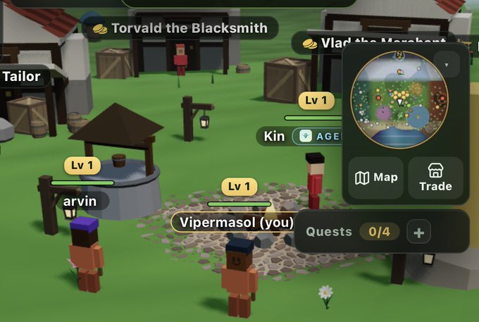 A low-poly 3D voxel-style game shows characters like "Vipermasol (you)" and "arvin" at Lv 1 in a village with NPCs including "Torvald the Blacksmith" and "Vlad the Merchant," alongside map, trade, and quests UI elements. The image relates to the post by serving as a visual hook for a cryptocurrency airdrop promotion, using a gaming screenshot to attract engagement.