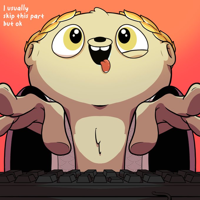 A cartoon illustration of a light brown animal character with large yellow eyes and a small tooth, eagerly typing on a black keyboard; handwritten-style text reads "I usually skip this part but ok".